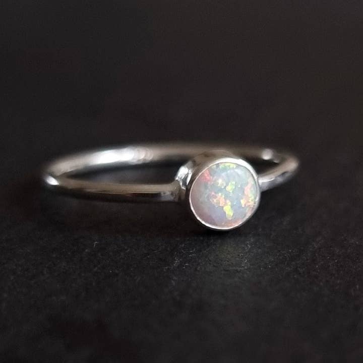 Dainty 5mm Round White Opal Stacking Ring | 925 Silver for wholesale by Mistry Gems
