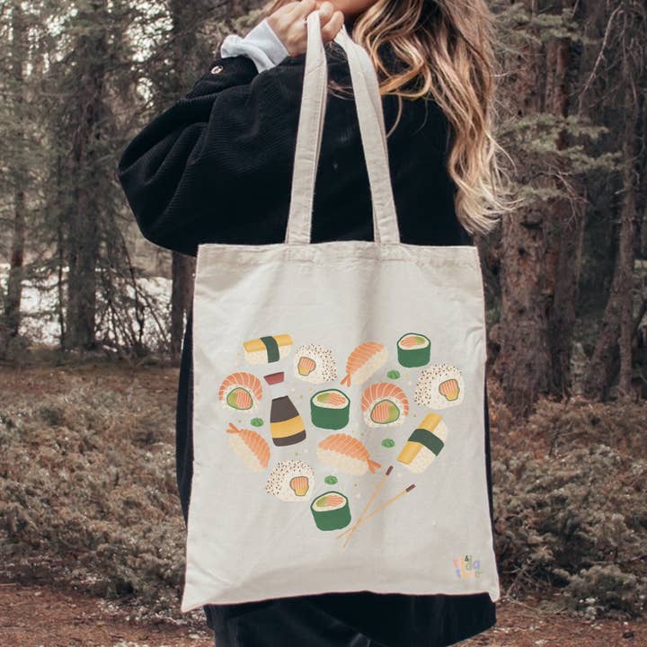 Tilda&Theo - Venta al por mayor Bolsa grande - Unisex - Bolsa de tela Sushi Heart Nigiri - bolsa de yute de regalo para sushi