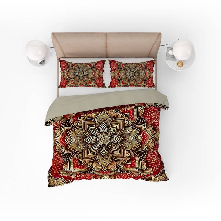 Red Gold Blossom Mandala Reversible Quilt Cover Duvet Cover Set for wholesale by Adore India