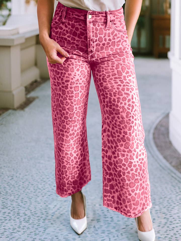 LDC Leopard Frayed Edge Wide Leg High Waist Jeans for wholesale by Little Daisy Closet