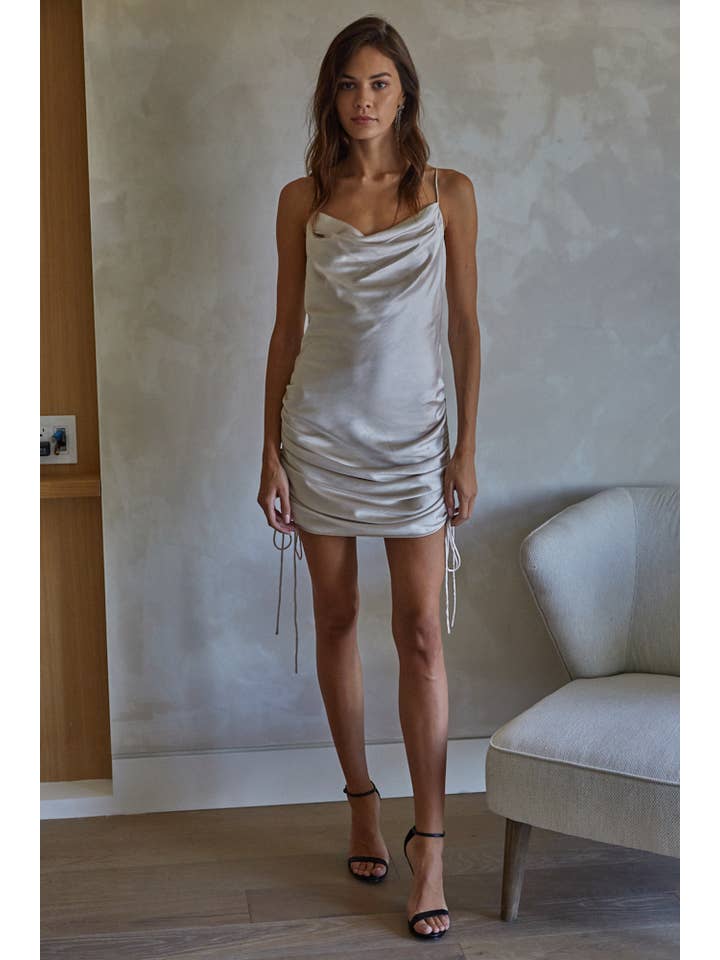 By Together - Wholesale Dress - Women's - L5847 | Woven Cowl Neck Side Ruched Mini Dress2