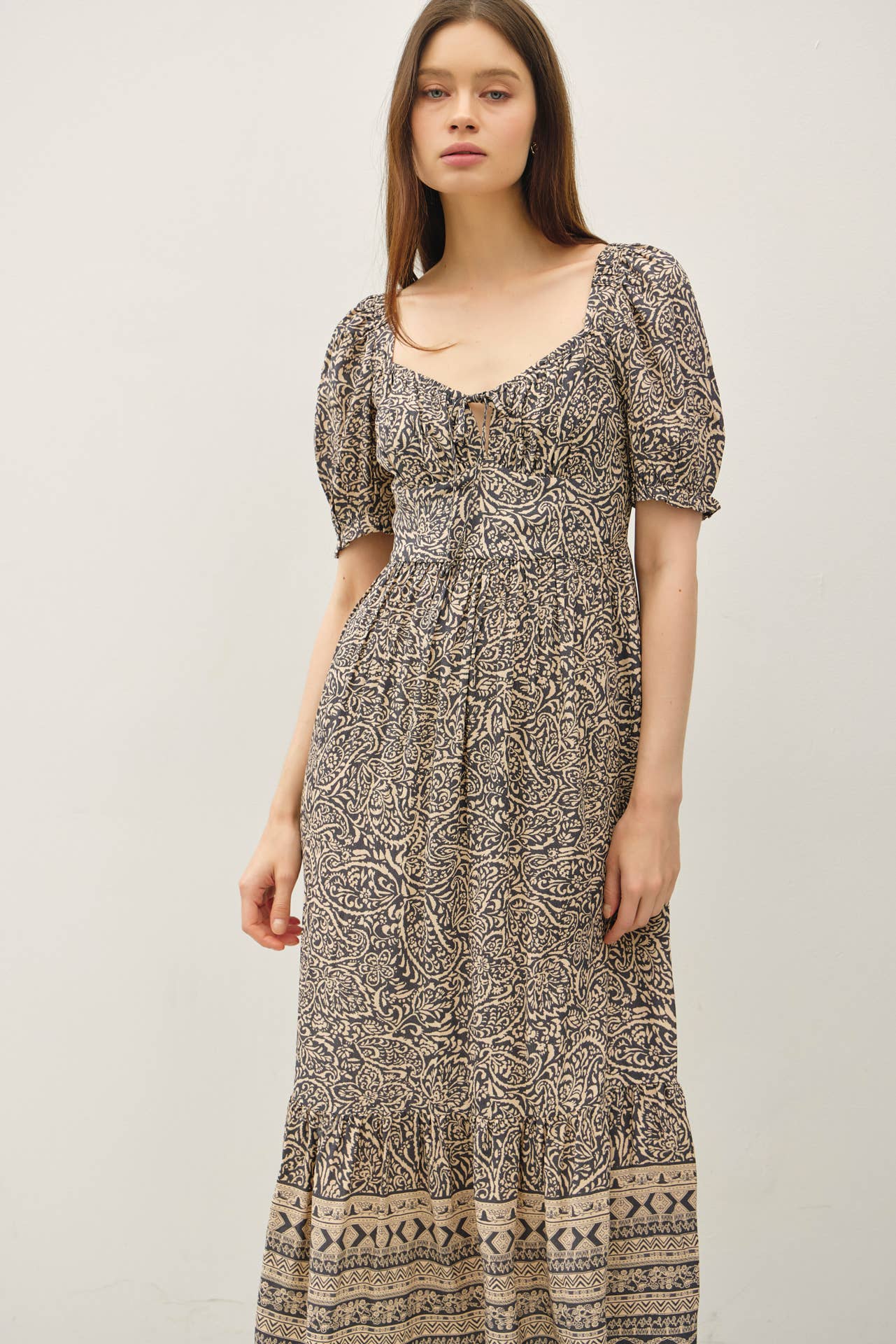 Be Cool - Vente Robe – femme - ROBE MIDI À MANCHES BOUFFANTES AVEC IMPRIMÉ BORDURE CACHEMIRE5