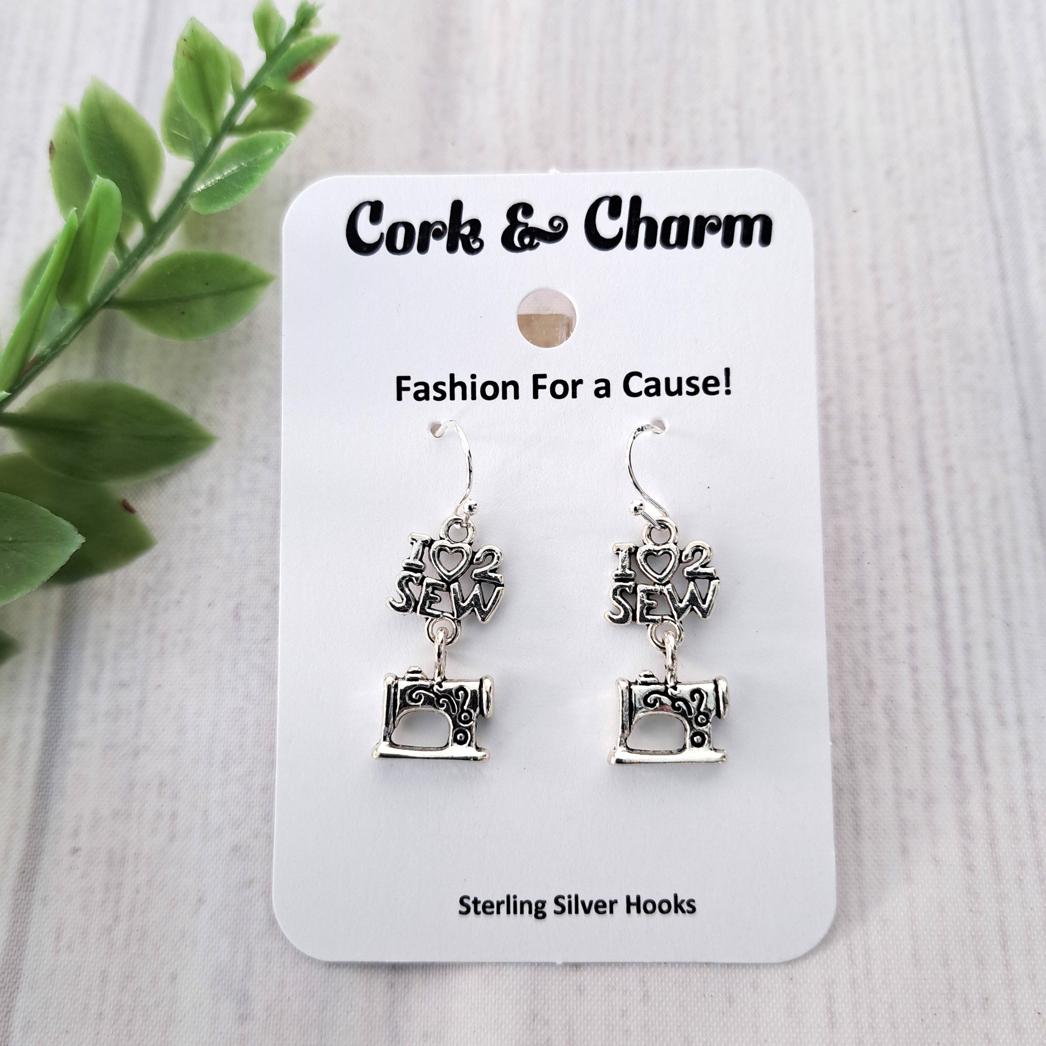 I Love 2 Sew Sewing Machine Sterling Silver Earrings for wholesale by Cork and Charm