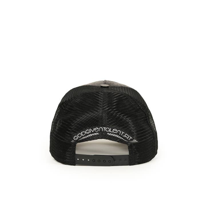God Given Talent - Wholesale Trucker Hat - Unisex - GGT Acid Wash Distressed Black Denim Mesh Snapback