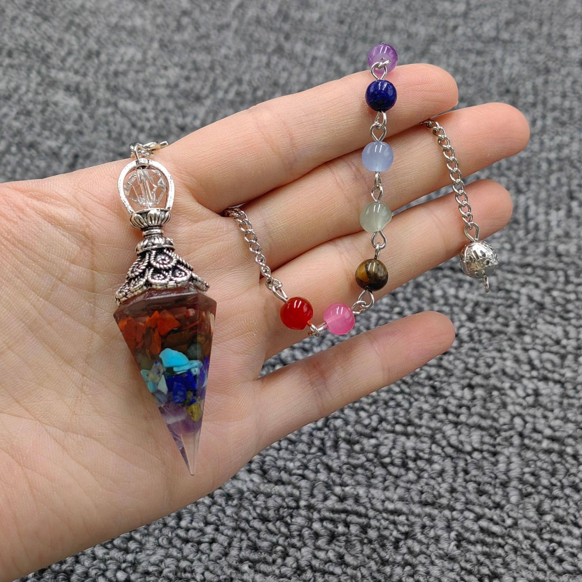 Mio Queena - Wholesale Spiritual Stone/Crystal - Hexagonal Cone Gravel Pendulum with Chakra Chain - CS25