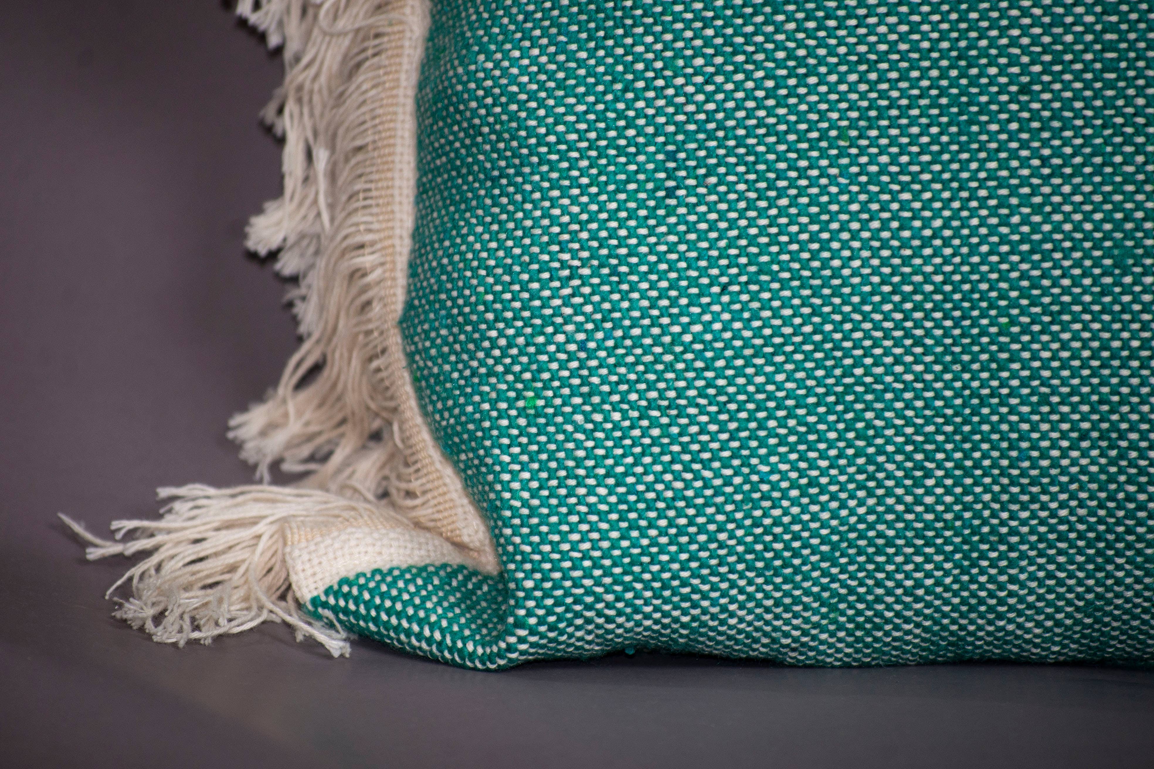 bazarifinagh - Wholesale Throw/Decorative Pillow - Handmade Moroccan Turquoise Pillow with Cream Fringe 40x60cm1