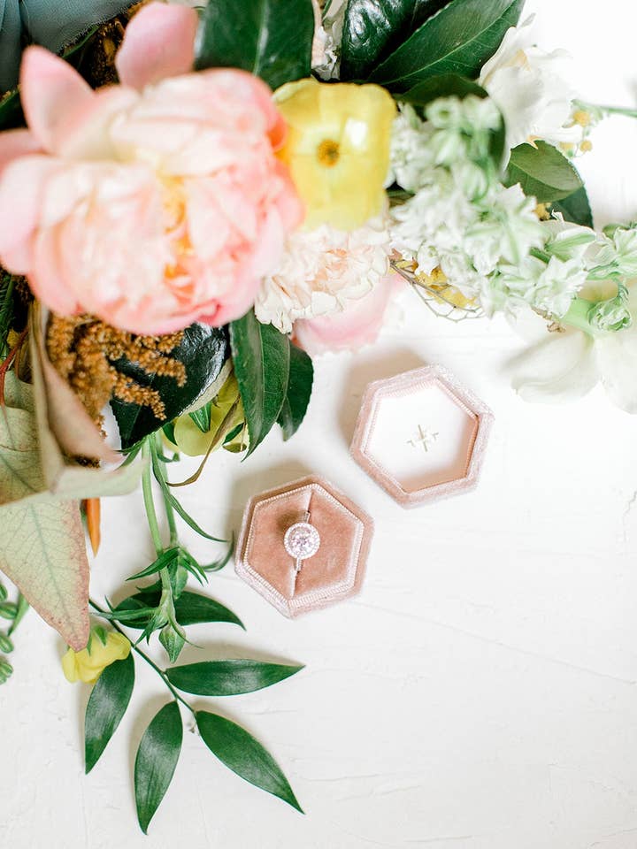 Ballet Pink Velvet Hexagon Ring Box for wholesale by Belle Box Boutique