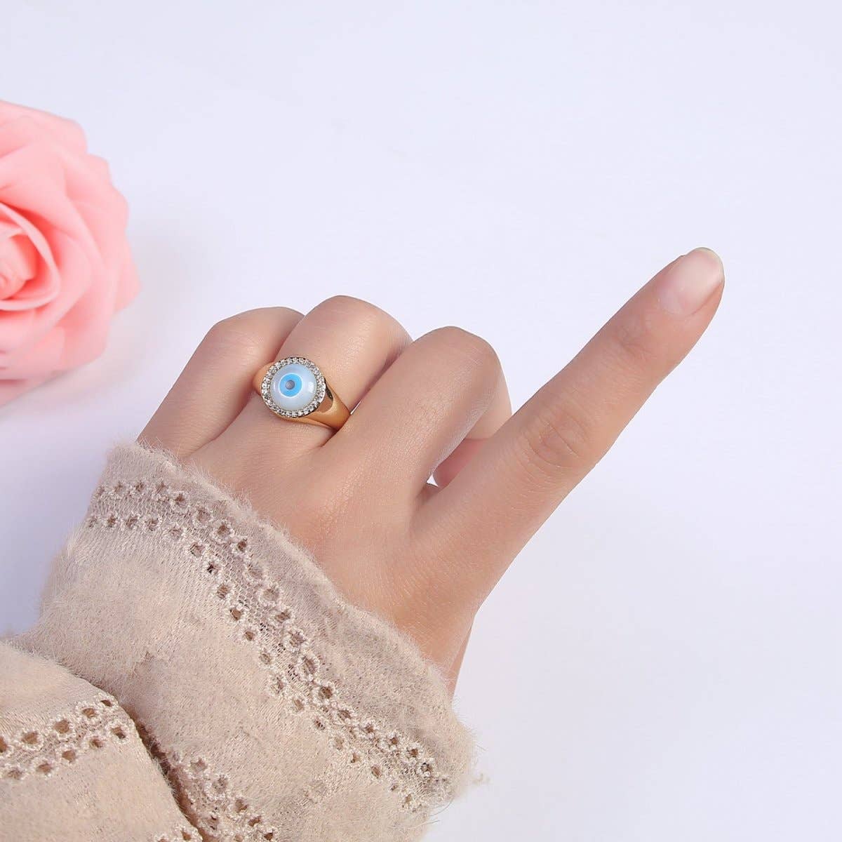 Aim Eternal - Wholesale Cocktail/Statement Ring - 14K Gold Filled Micro Pave Evil Eye Blue Dome Ring Open Adjustable Ring U-4742