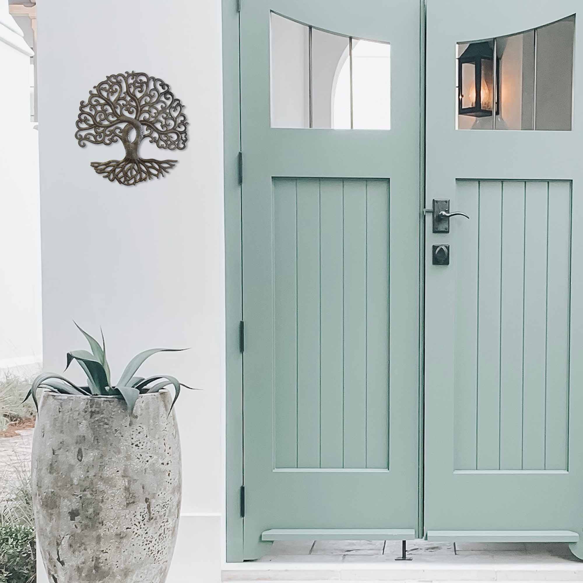 Global Crafts – wholesale Dimensionell/3D-väggkonst – 14 ”livets träd lockigt haitiska metall trumma vägg konst1