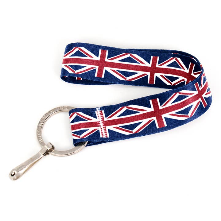 Union Jack Wristlet Lanyard - Short Length with Flat Key Ring and Clip - Made in the USA for wholesale by Buttonsmith