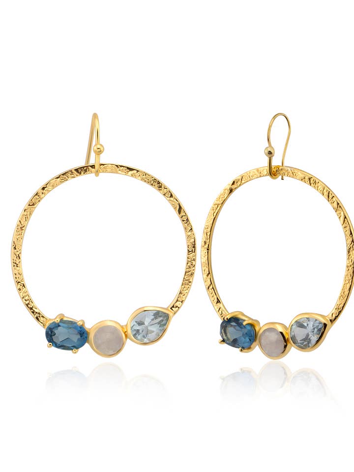 Hammered hoops with blue topaz and moonstone for wholesale by AJS Design Studio