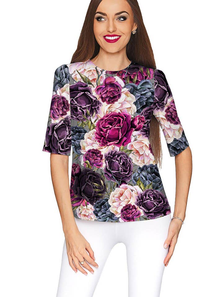 Duchess Sophia Grey Floral Print Elbow Sleeve Top - Women for wholesale by Pineapple Clothing