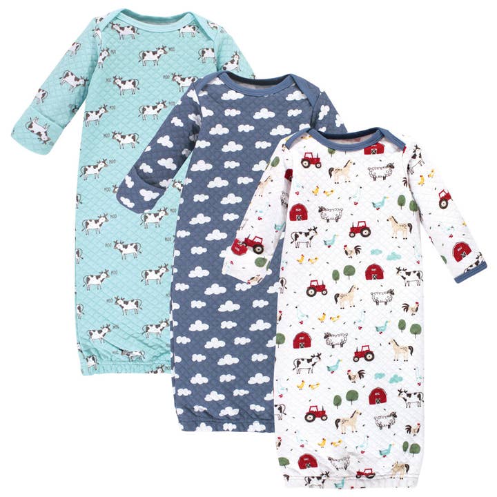 BabyVision - Wholesale Babygown - Baby - Hudson Baby Quilted Cotton Gowns 3pk, Boy Farm Animals