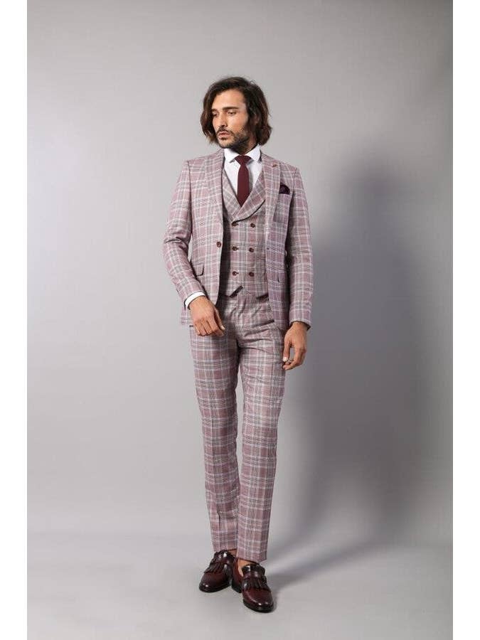Burgundy Plaid Vested Slim Fit Italian Suit - Wessi for wholesale on Faire