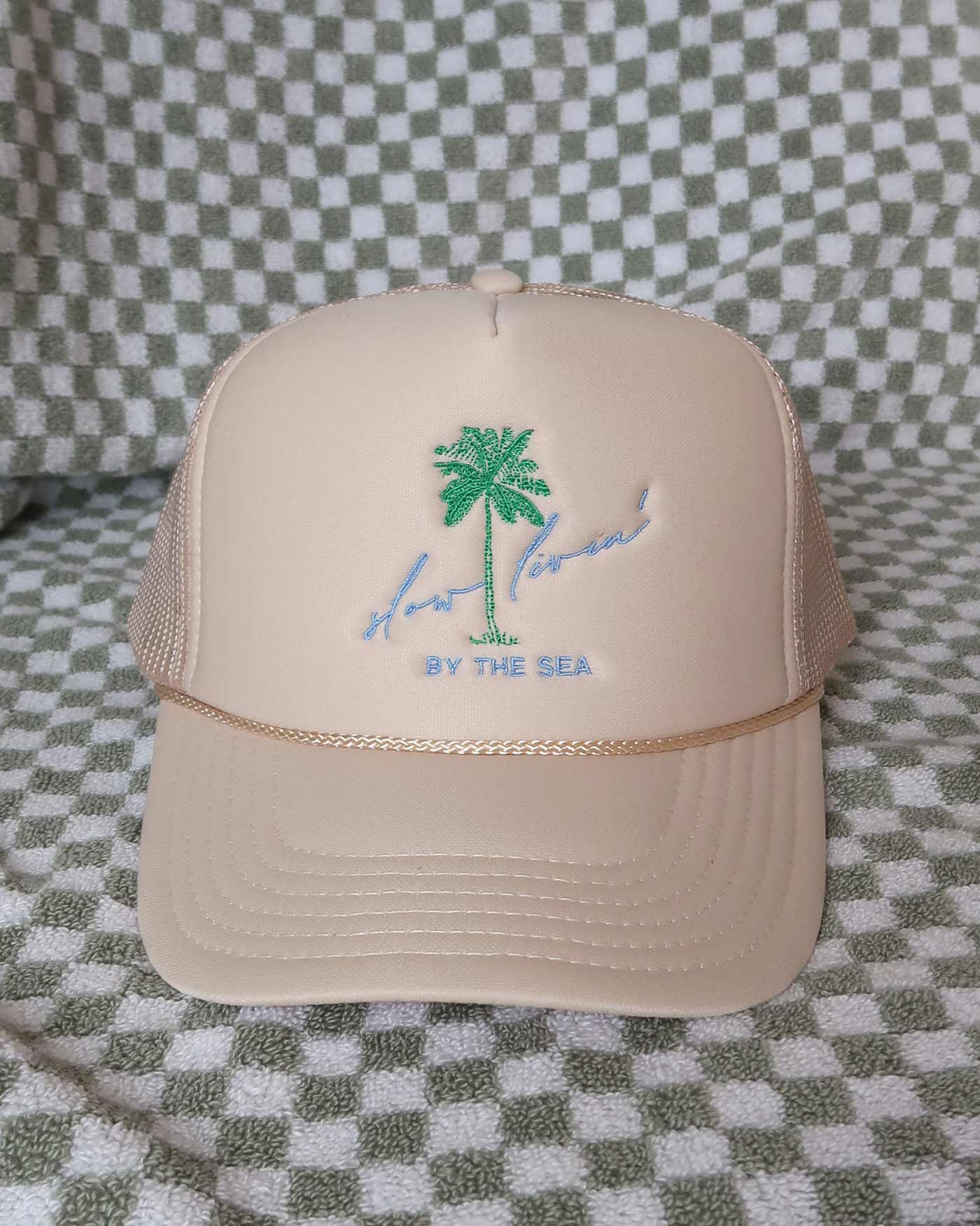 Sundrop - Wholesale Trucker Hat - Unisex - Slow Livin' By The Sea Embroidered Tan Trucker Hat - Palm