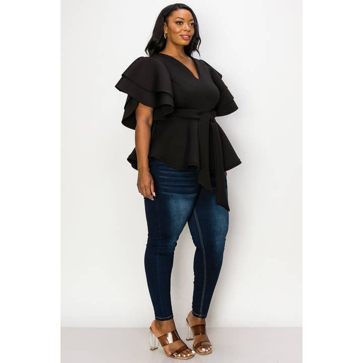 DORCAS - Wholesale Blouse - Women's - PLUS SHORT RUFFLE SLEEVE V NECK TOP WITH WAIST TIE