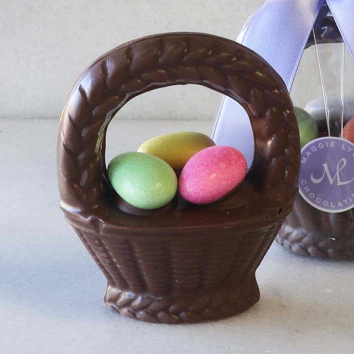 4.5oz Solid Milk Chocolate Egg Basket with Jordan Almonds for wholesale by Maggie Lyon Chocolatiers