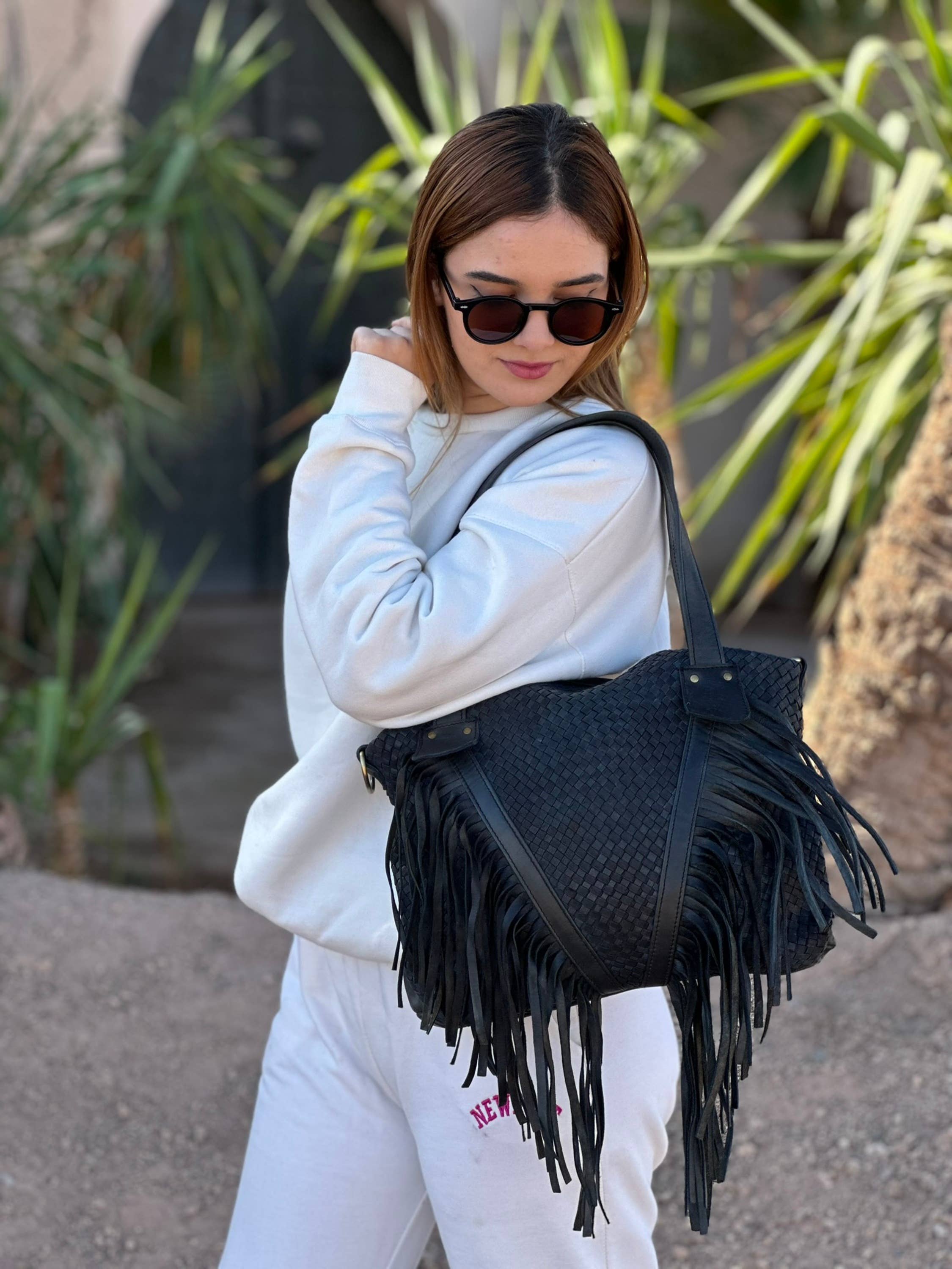 Berberwoolrug - Wholesale Schoudertas - Dames - Leren tas met geweven franjes, handgemaakte westerse gevlochten portemonnee14