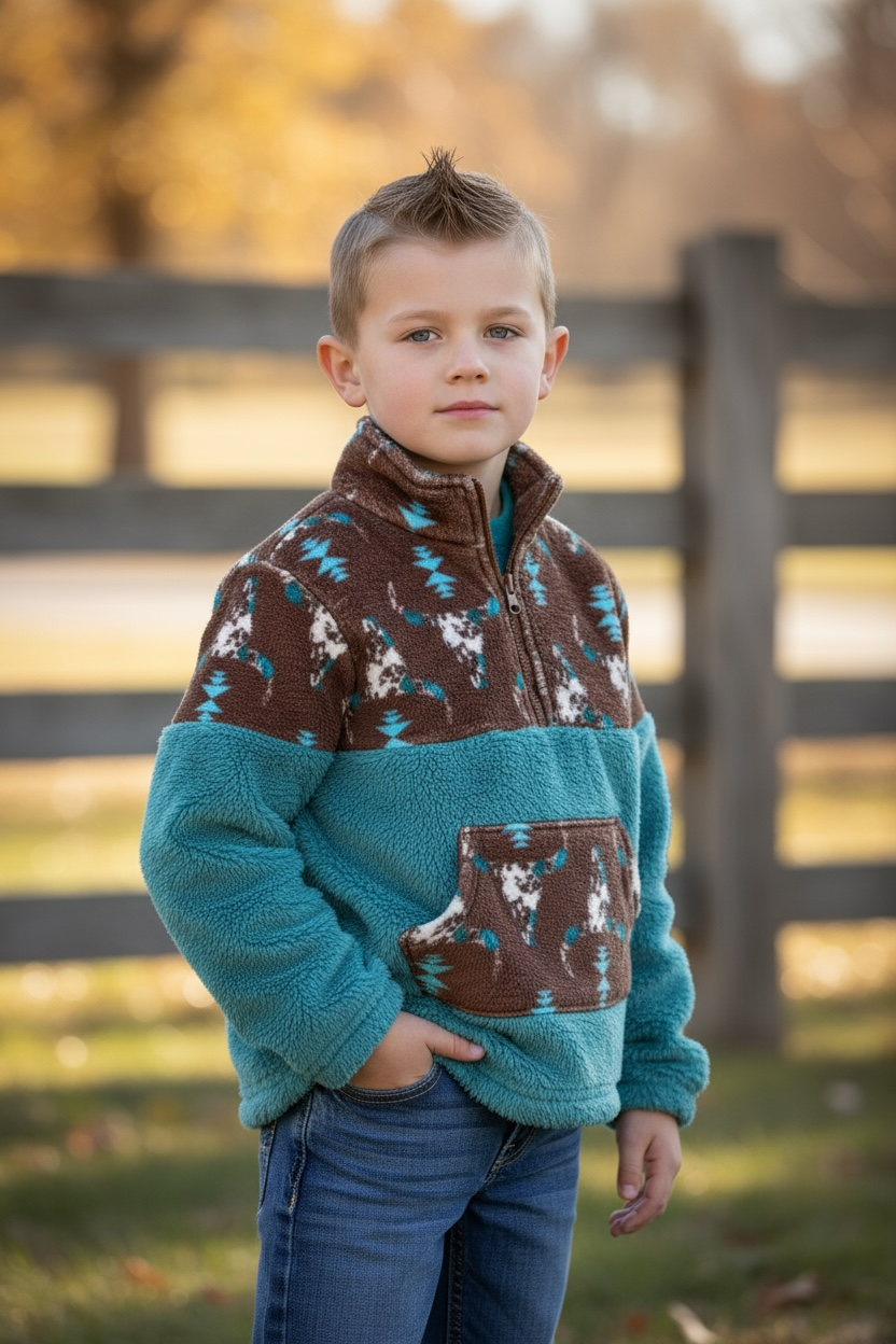 Kids Charm Online - Vente Sweat-shirt – enfant - Sherpa et polaire à imprimé aztèque sur un pull-over bleu sarcelle. (WESTERN) TPB50690 AMY0