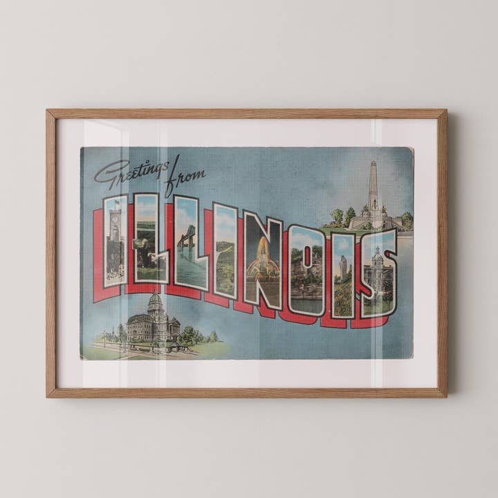 Carte postale de salutations de l'Illinois Impression sur papier d'art pour la vente par Retrospect Studios