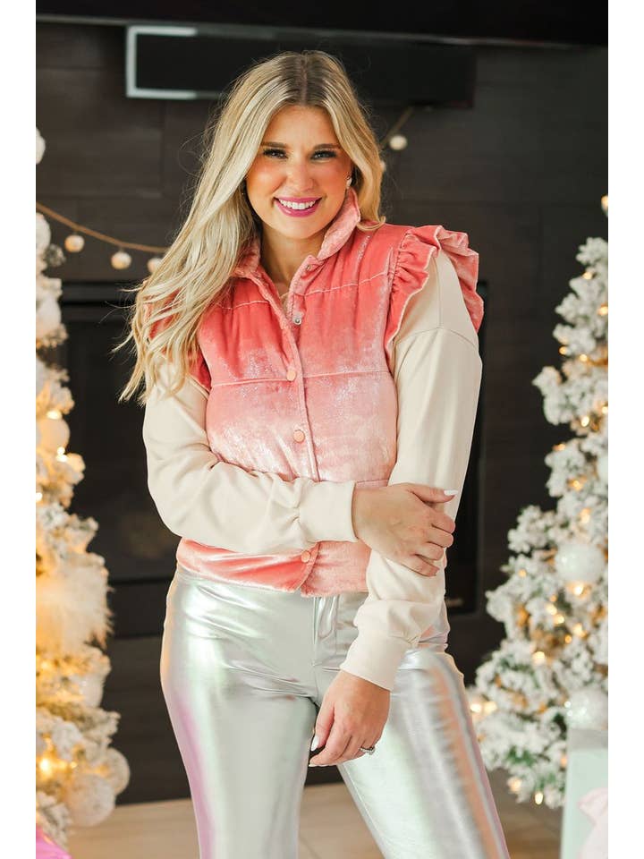 Pink Shimmer Ruffle Sleeve Puffer Vest for wholesale on Faire