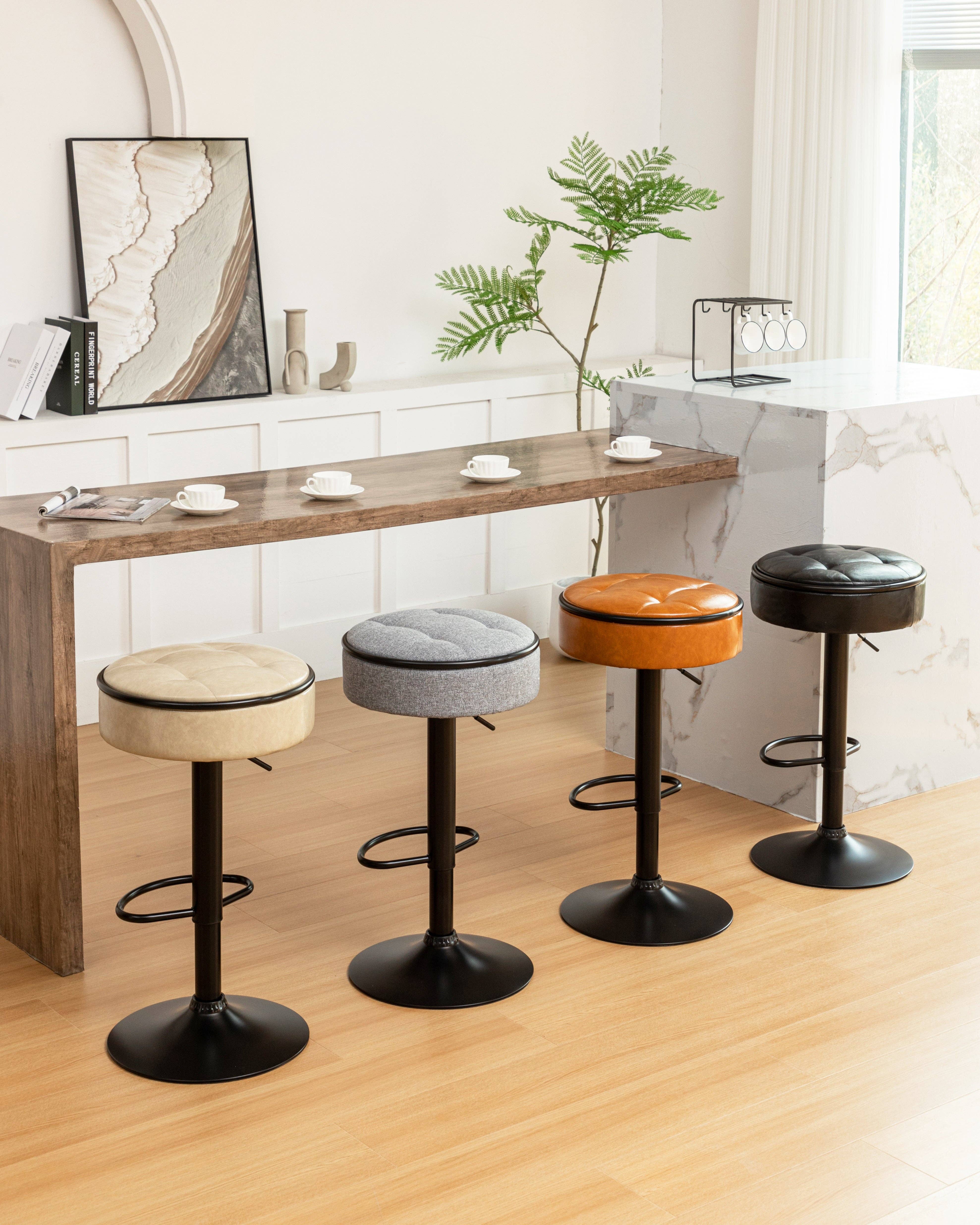 Orange County Decor - Wholesale Stool - Round Storage Bar Stool Set Of 2, Khaki Faux Leather Height Adjustable Barstool, 360 Counter Height Swivel Stool, Armless Bar Chair With Metal Frame For Kitchen Counter Dining Living Room Khaki Set6