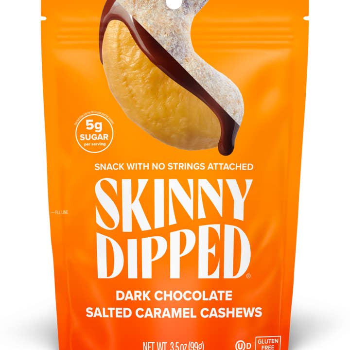 Dark Chocolate Salted Caramel Cashews Pouch, 3.5oz for wholesale by SkinnyDipped