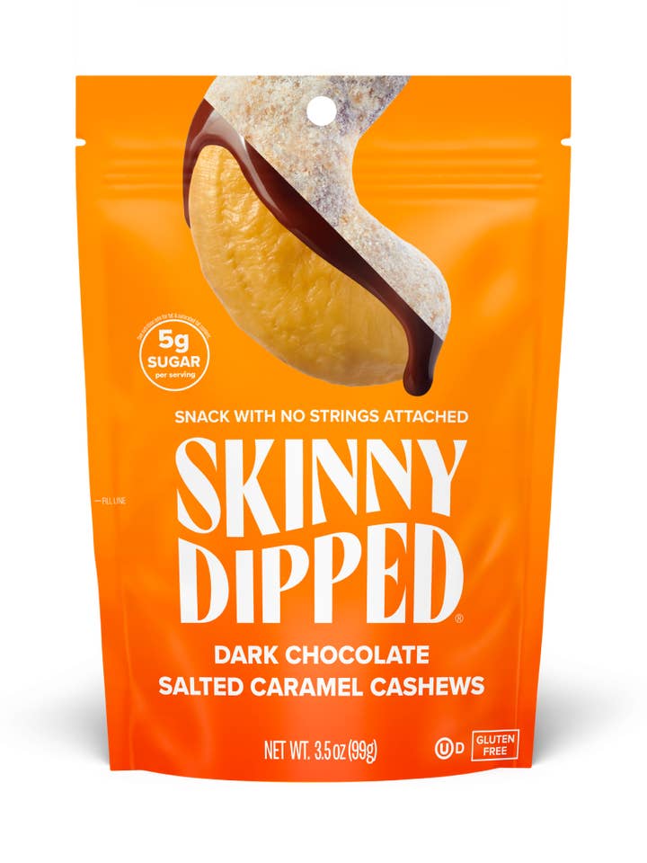 Dark Chocolate Salted Caramel Cashews Pouch, 3.5oz for wholesale by SkinnyDipped