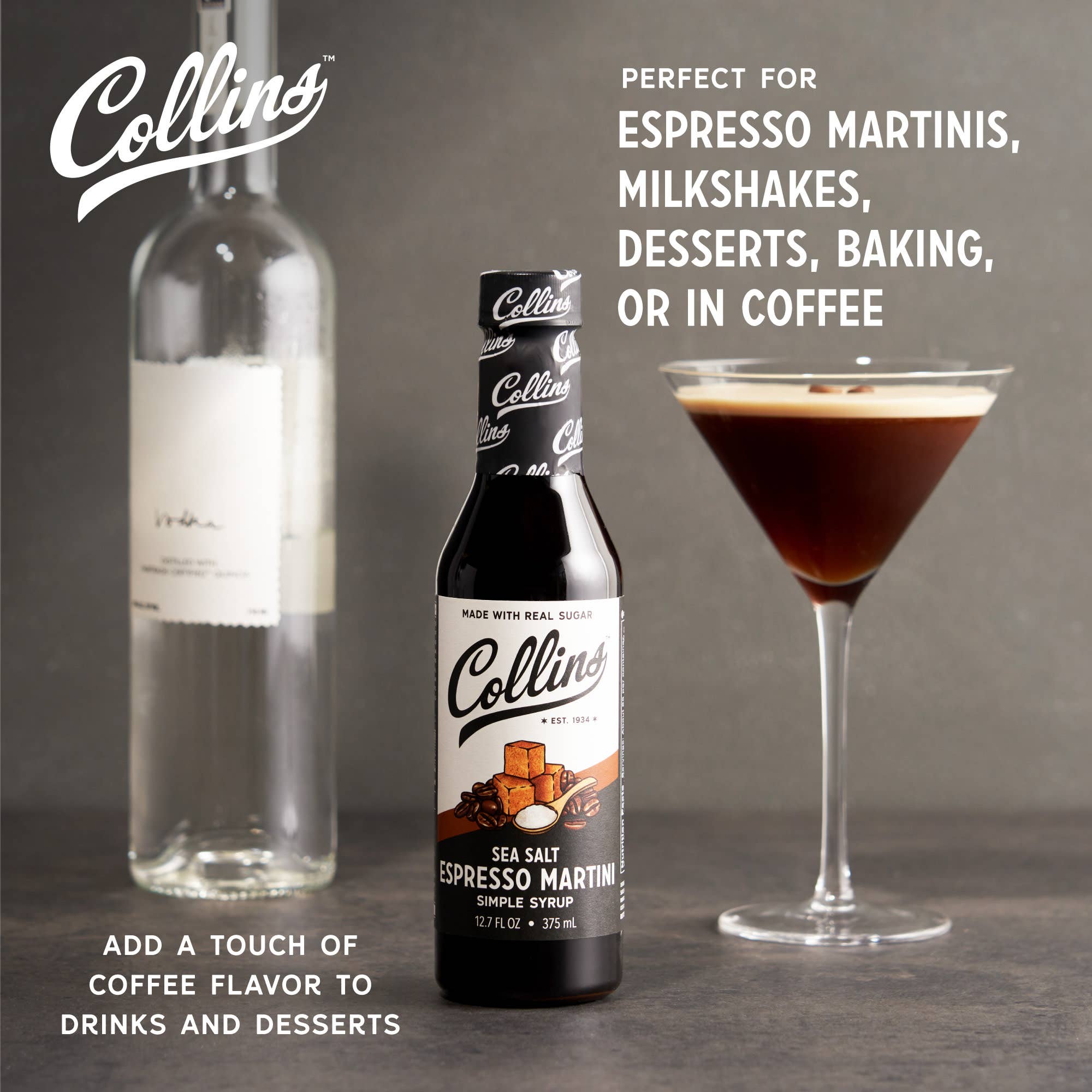 Collins - Wholesale Cocktail Mix/Syrup - Real Sugar Sea Salt Espresso Martini Simple Syrup 12.7 oz1