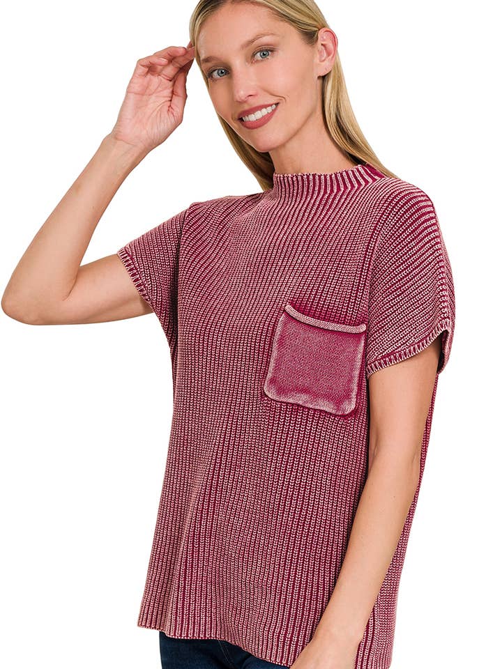 ...SI-25828 Washed Mock Neck Short Sleeve Sweater for wholesale by 42POPS