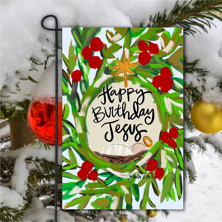 Baxter & Me - Wholesale Flag - Happy Birthday Jesus Nativity Wreath Garden Flag1