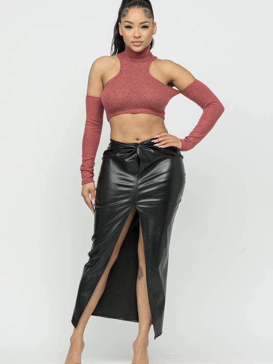 Brushed Knit Crop Top W Pu Twist Front Slit Midi Skirt Set for wholesale by Belita Collection