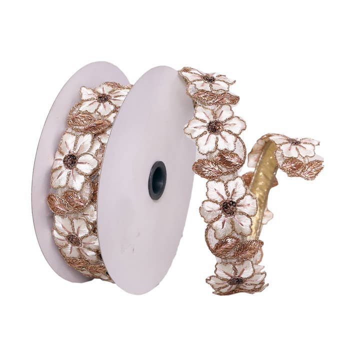 Vickerman 1.5"x5yd Cream/Rose Gold Flower Ribbon for wholesale by Vickerman