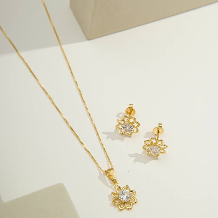 Oro Juego de joyas de flores de zirconia chapado en oro de 14k | Joyería diaria de venta al por mayor en Faire0