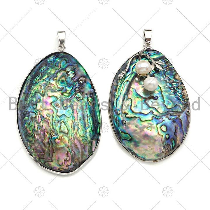 BestBeads&Beyond - Wholesale Individual Charm/Pendant - Large Natual Abalone Shell Pendant, Focal Puffy Abalone Pendant Silver Gold Finish with Pearl, Focal Abalone Charm, sku#R391