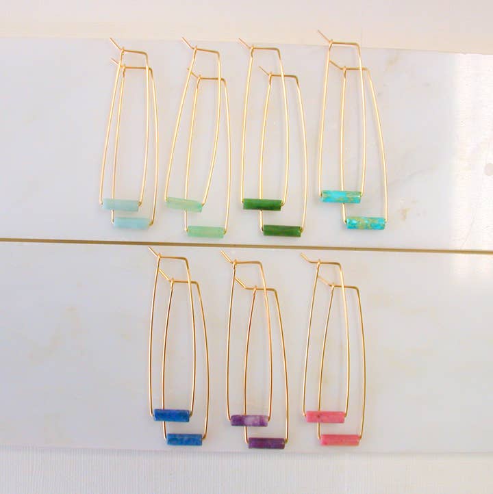 Brincos Retangulares de Tubo com Pedras Preciosas em Ouro 14k. Escolha a Pedra por atacado de Linda Trent Jewelry