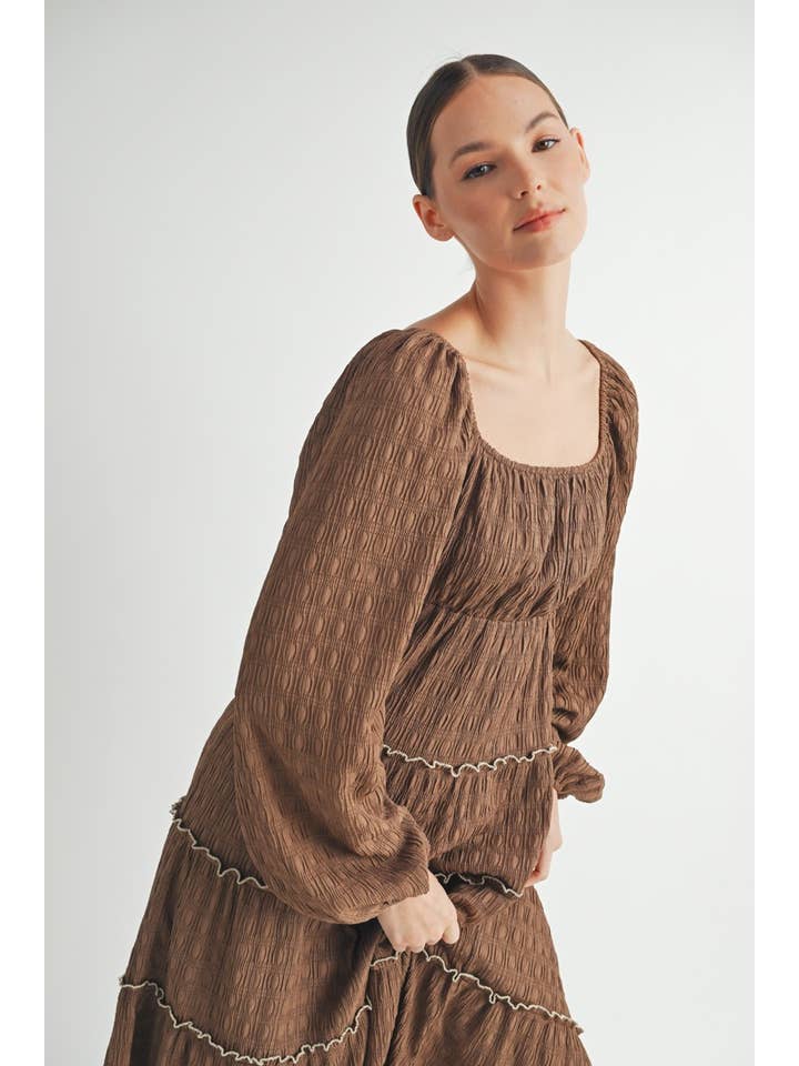 Marrone Vestito midi a balze a maniche lunghe con texture - Marrone in vendita all'ingrosso su Faire10