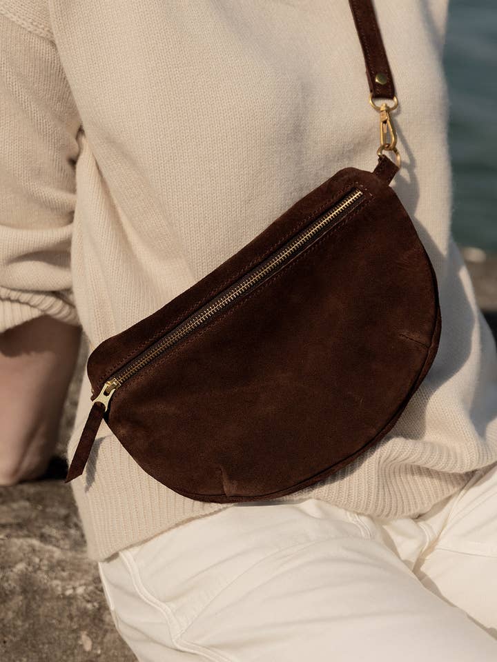 The Midi Sling, Chocolate Suede for wholesale by ABBY ALLEY