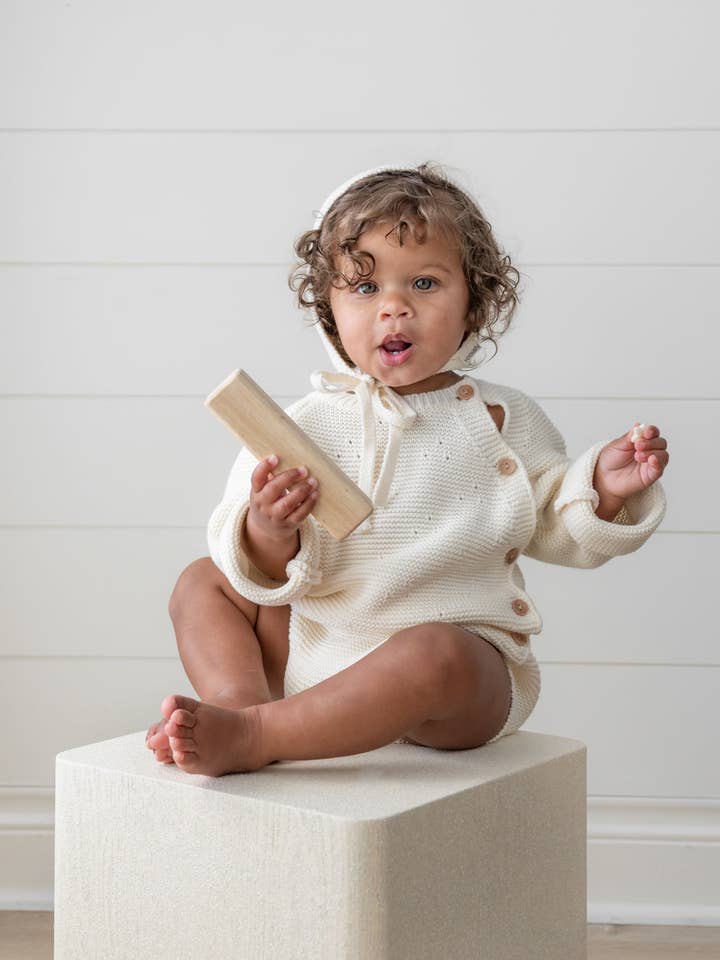 Cloud Creme Romper with matching bonnet for wholesale by Yooushi