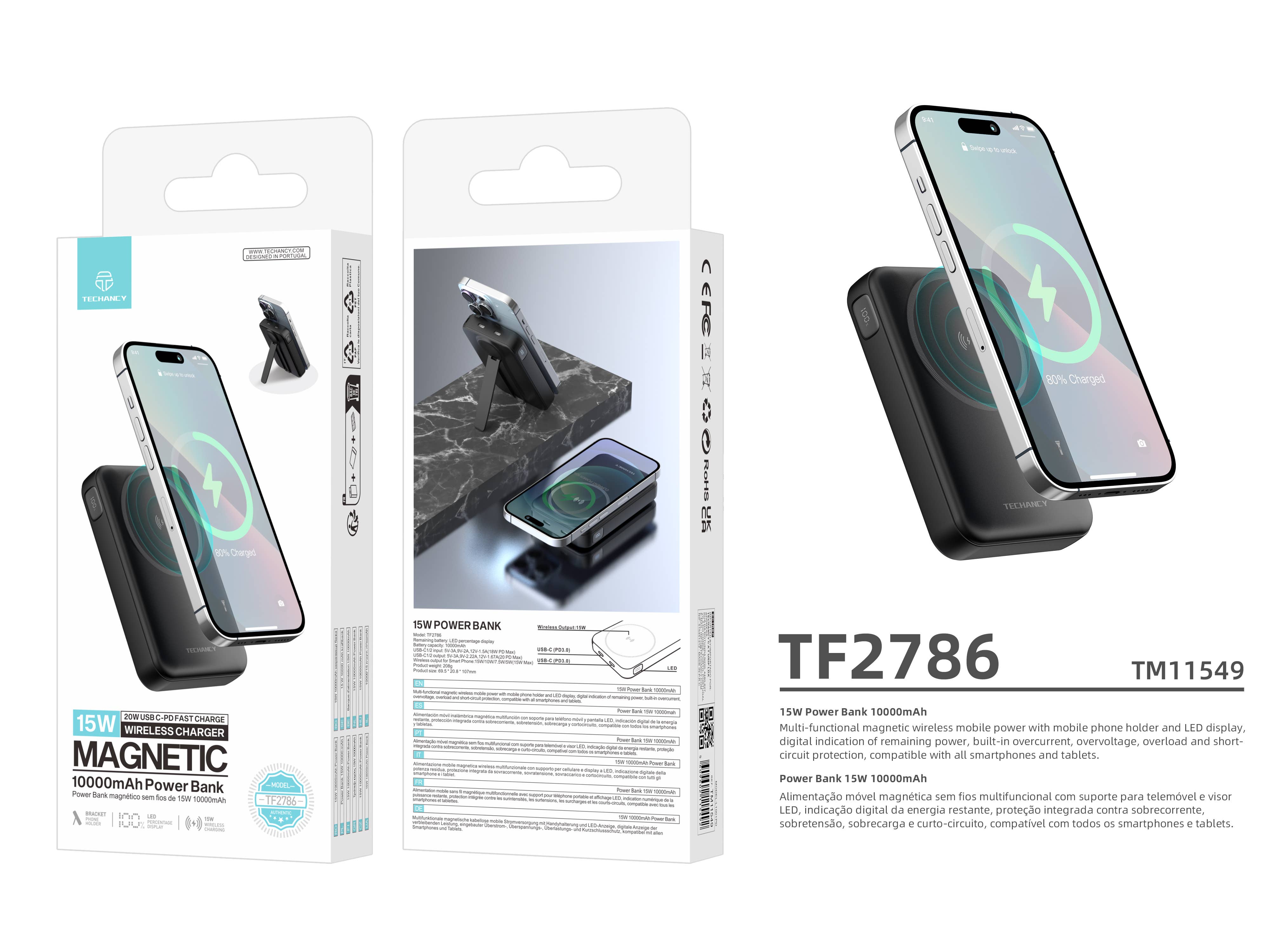 TECHANCY - Wholesale Portable Charger - Techancy Magnetic Power Bank TF2786, 10000mAh, 15W Wireless 5