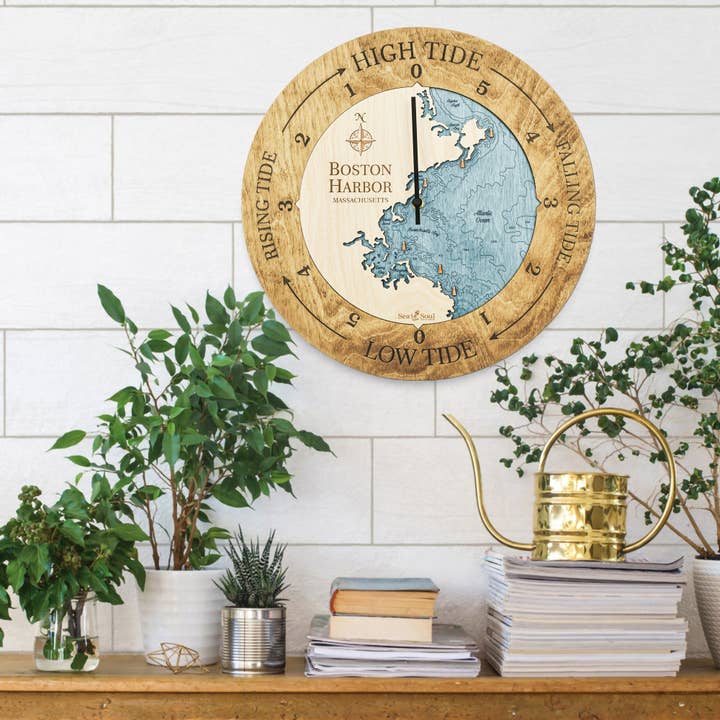 Boston Harbor Tide Clock Nautical Wood Map - 2 Sizes for wholesale by Sea & Soul Nautical Chart Art
