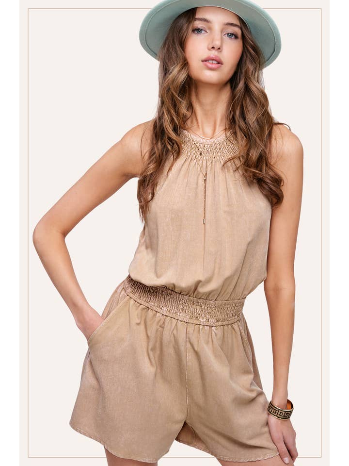 La Miel - Wholesale Romper - Women's - HCD9313-Mineral Washed Sleeveless Mini Romper with Pocket12