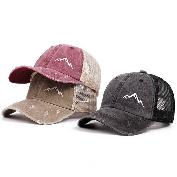 Ponytail Opening Mountain Embroidery Baseball Cap Washed Distressed Breathable Mesh Sun Hat and other Purchase Wholesale mesh caps. Free Returns & Net 60 Terms on Faire trending on Faire.