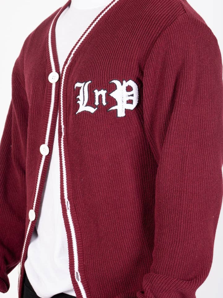 LNP BURGUNDY VARSITY KNIT CARDIGAN for wholesale by LIQUOR N POKER