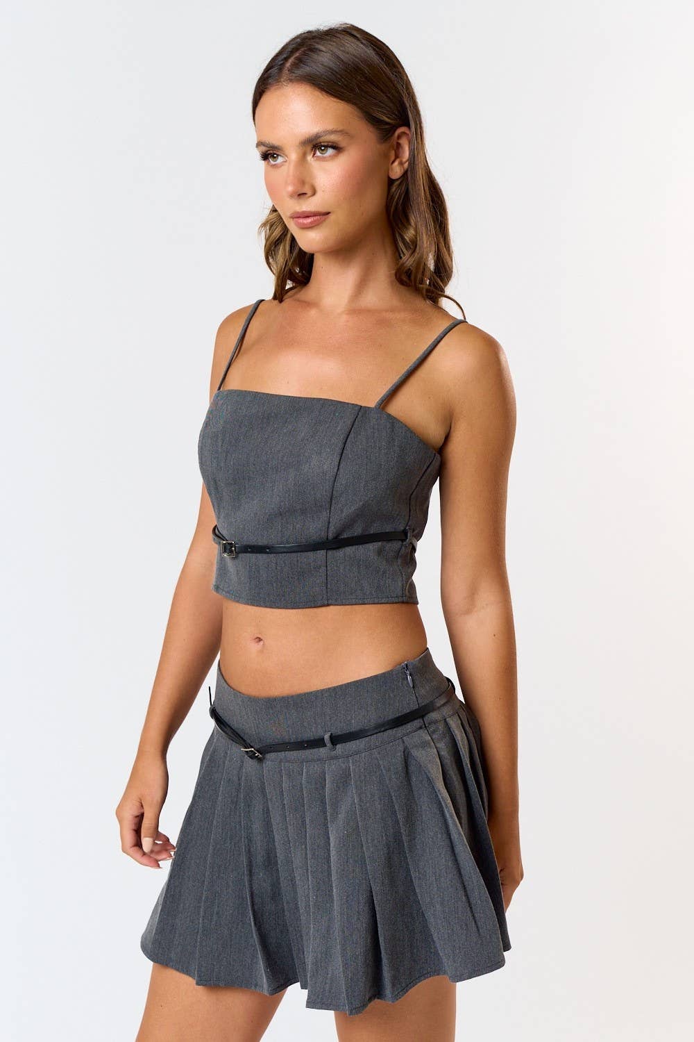 Blue Blush - Wholesale Top & Skirt Set - Women's - IBS31066 Belted Top and Pleated Mini Skirt Set8