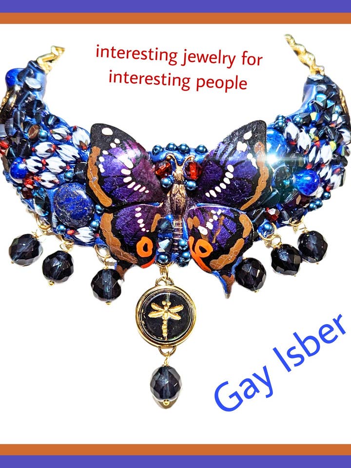 Montana blå sommerfugl & Dragonfly kunstkrave halskæde for engroshandel hos Gay Isber Designs