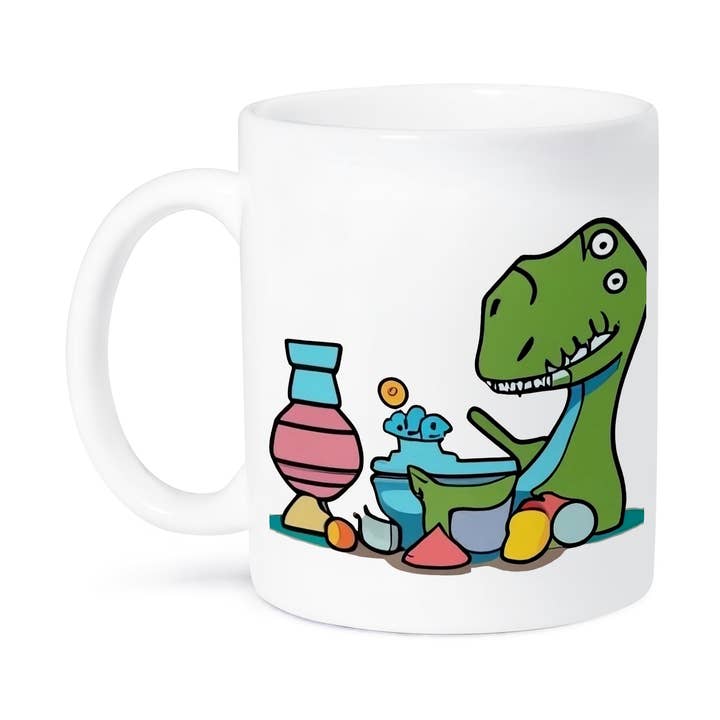 3dRose, Cute funny T-rex Dinosaur Making Pottery with Clay and Throwing , Mug for wholesale by 3dRose