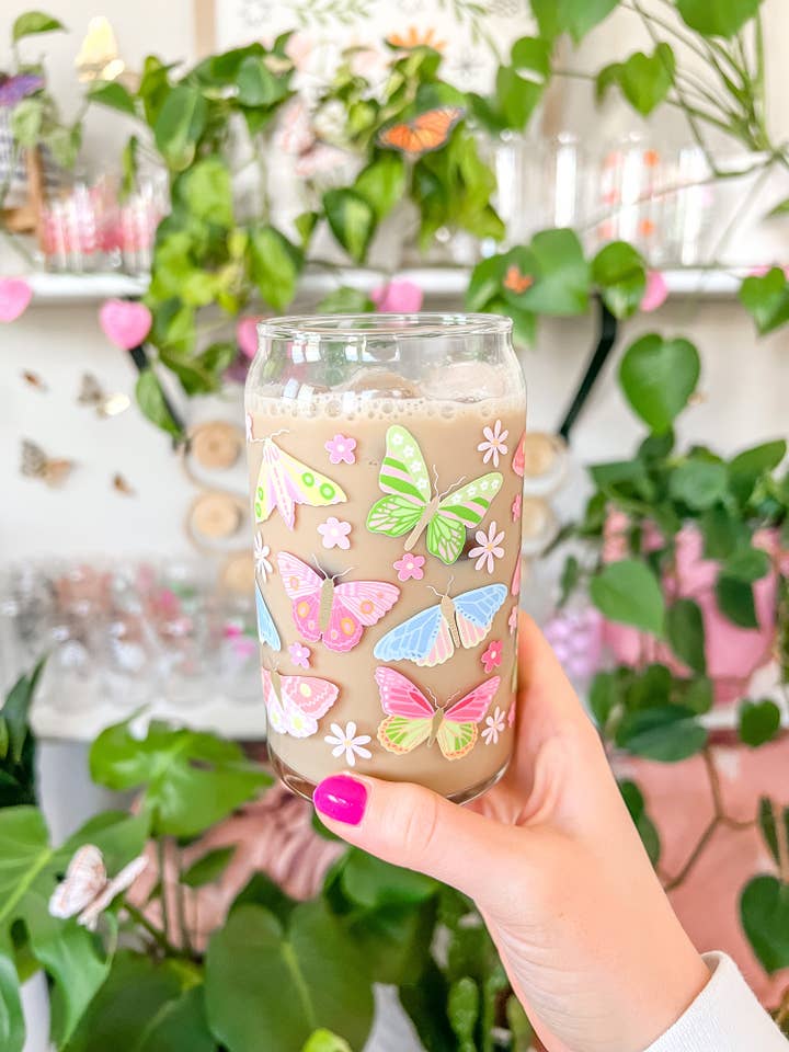 16oz Colorful Butterflies Glass for wholesale by Hart and Flora Shop