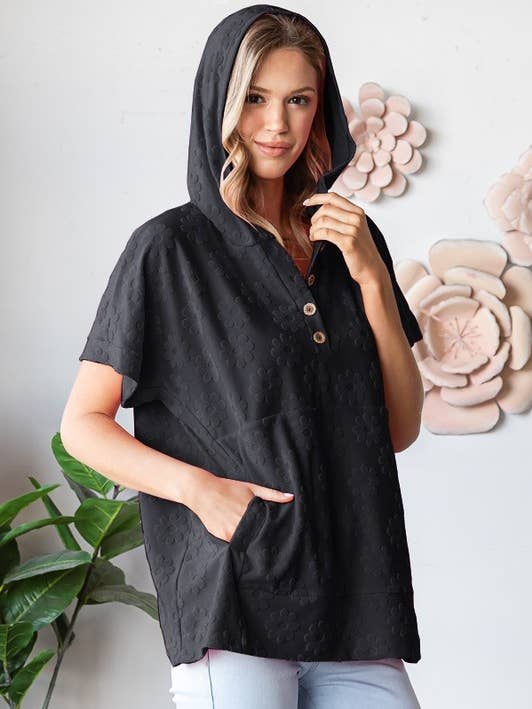 ET7856-11 SHORT SLEEVE FLORAL JACQUARD HOODIE TOP for wholesale by HEIMISH