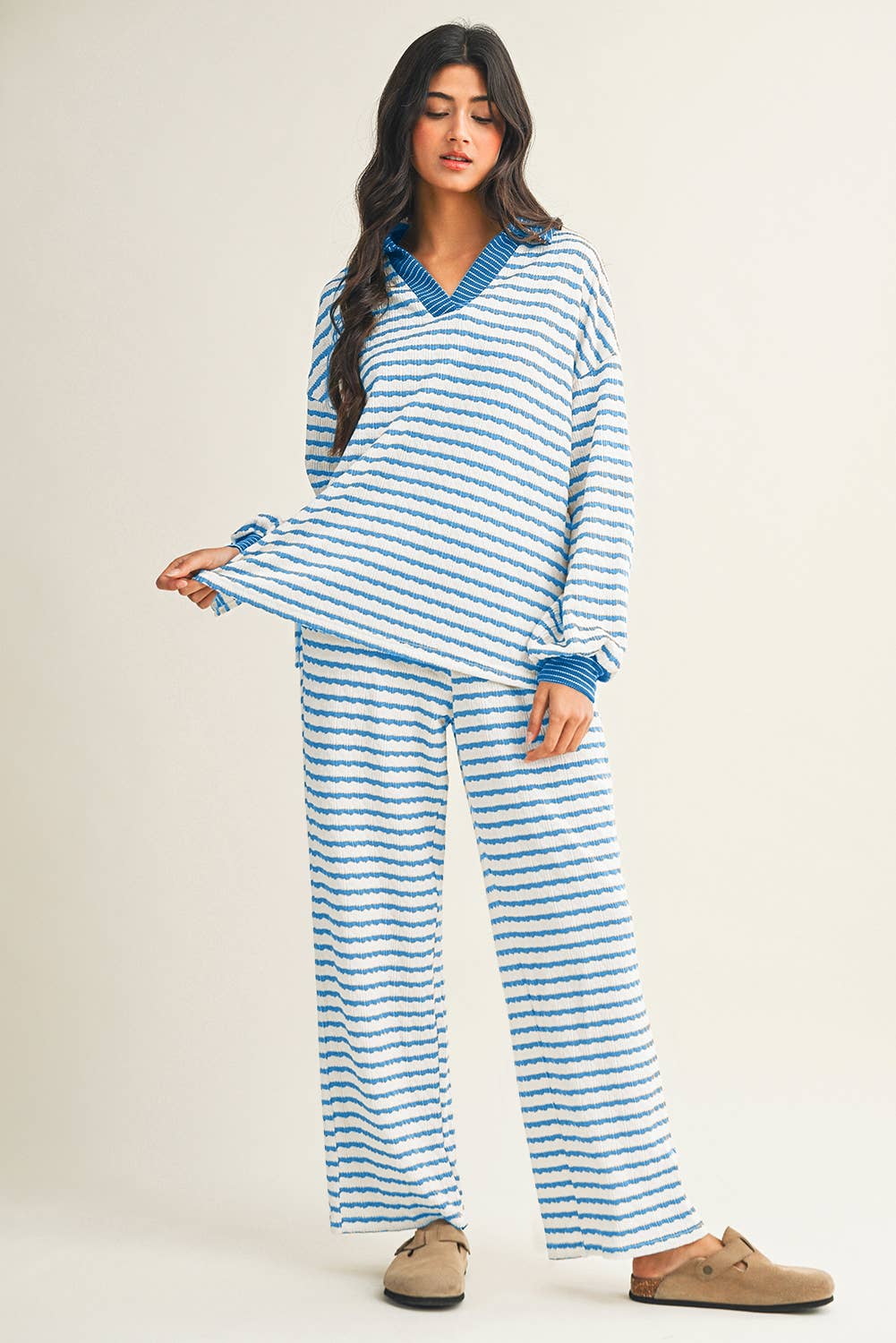 Little Daisy Closet - Wholesale Lounge Set - Women's -  LDC Stripe Collared Pullover Top and Drawstring Pant Set7